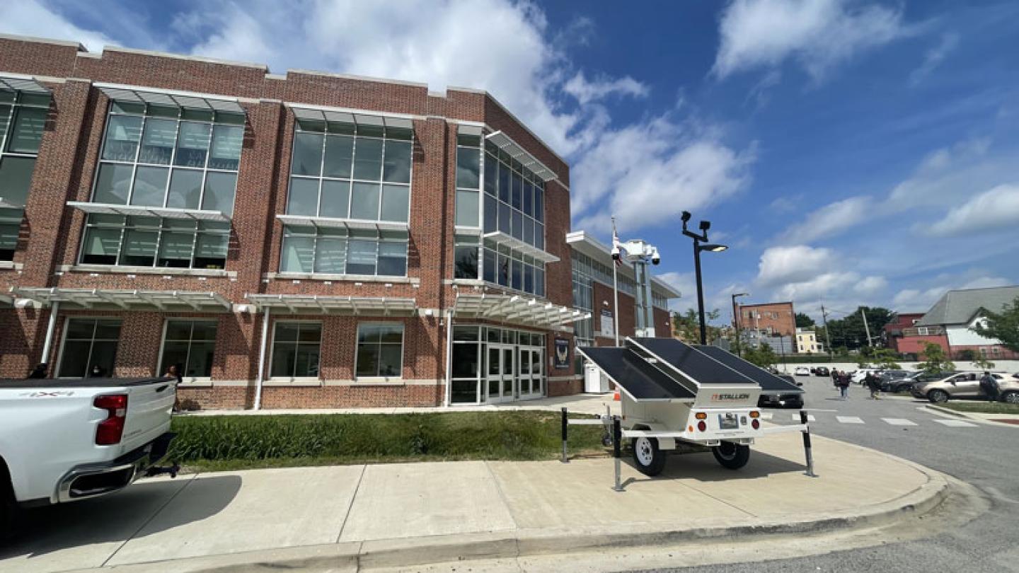 Portable energy trailer in front of government building